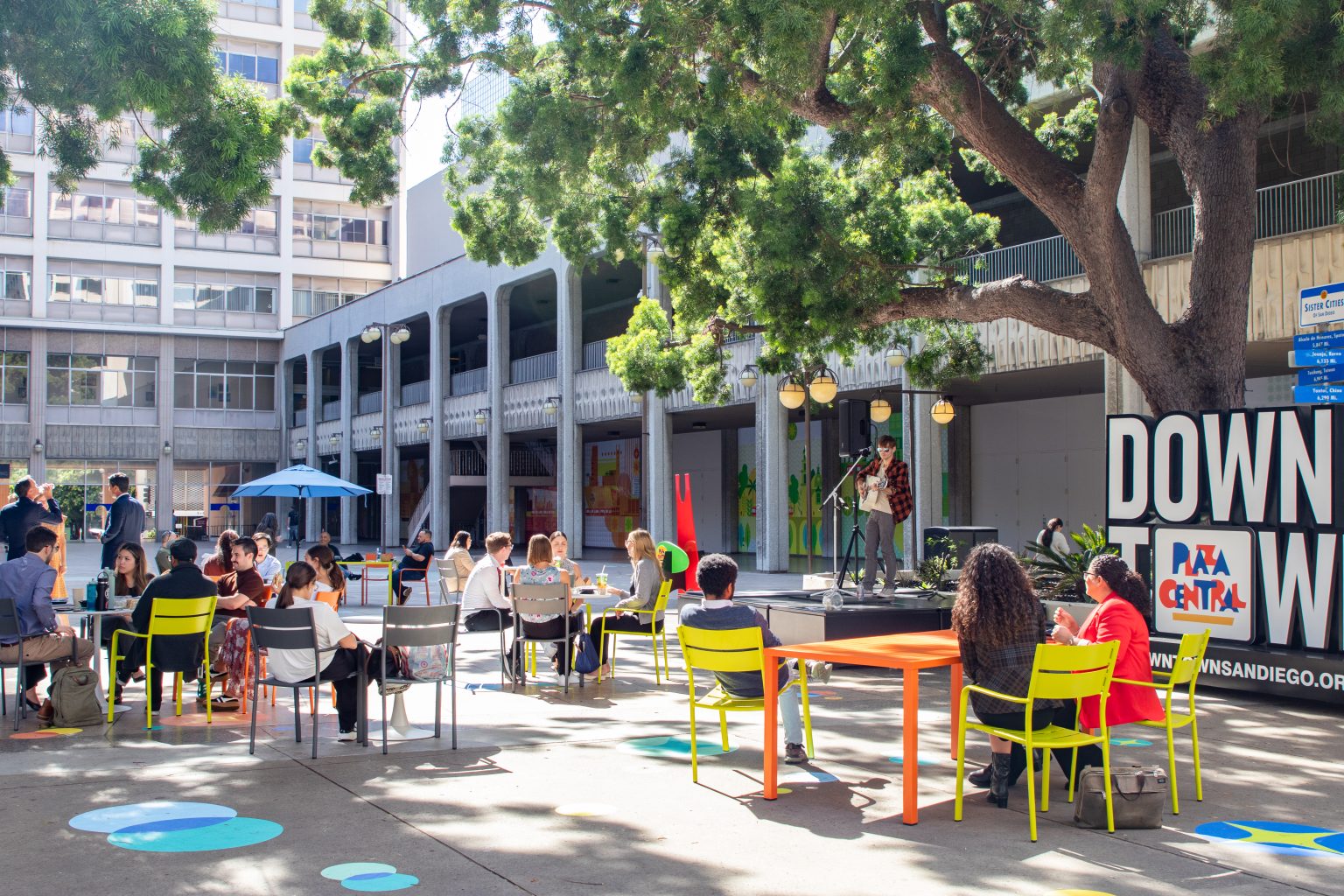 People gathering at Plaza Central in Downtown San Diego