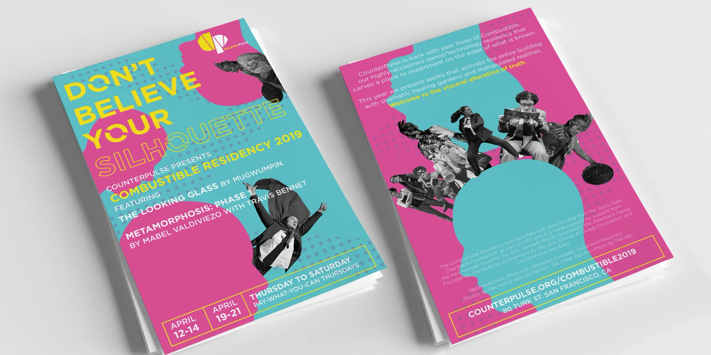 CounterPulse Combustible Residency event program designed in a flexible bright visual system